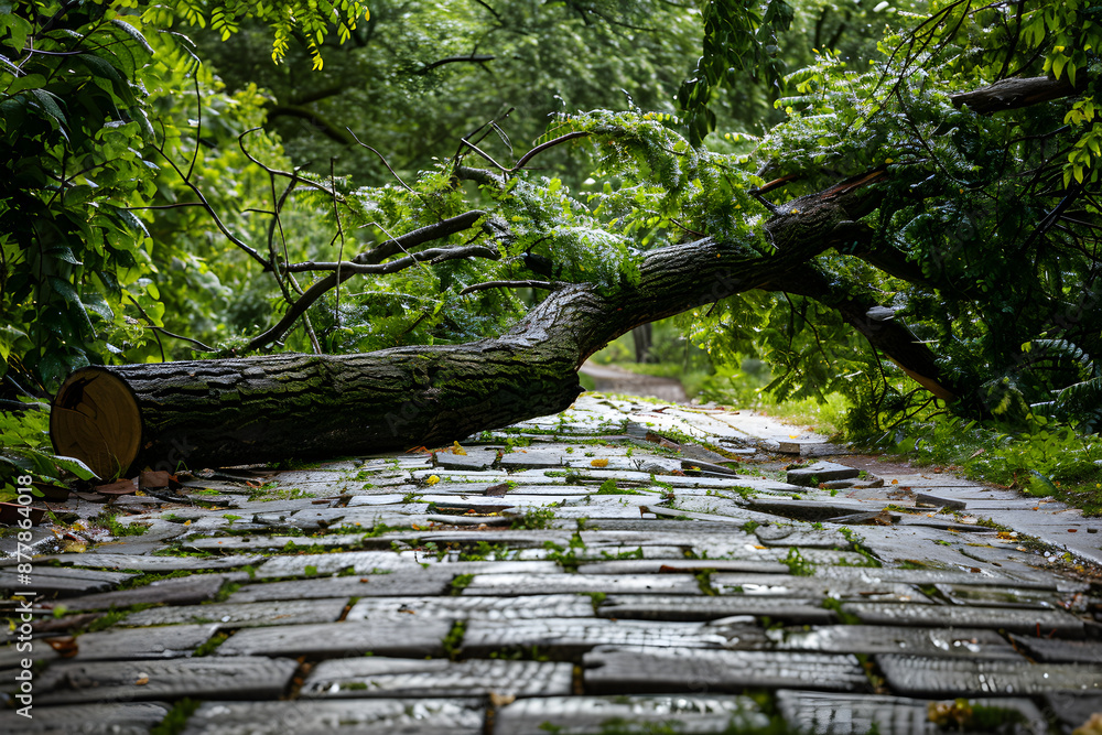 Poster a fallen tree branch blocking a pathway