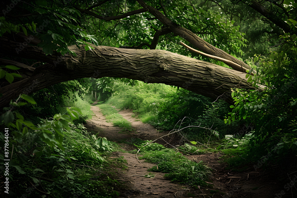Poster a fallen tree branch blocking a pathway