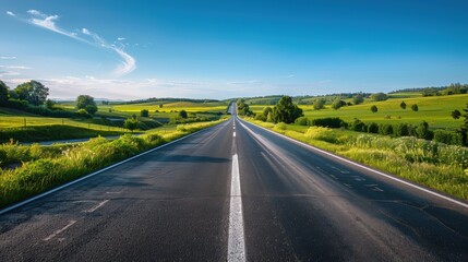 Fototapeta premium A highway stretching into the horizon, with a solid white line down the center, surrounded by a lush green countryside under a clear blue sky.