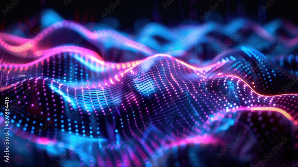 Poster vibrant neon waveforms: abstract digital pattern with audio visualization