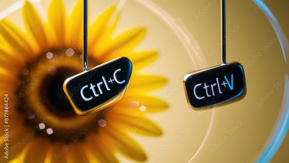 Poster keyboard keys Ctrl C and Ctrl V, copy and paste the key shortcuts on yellow background