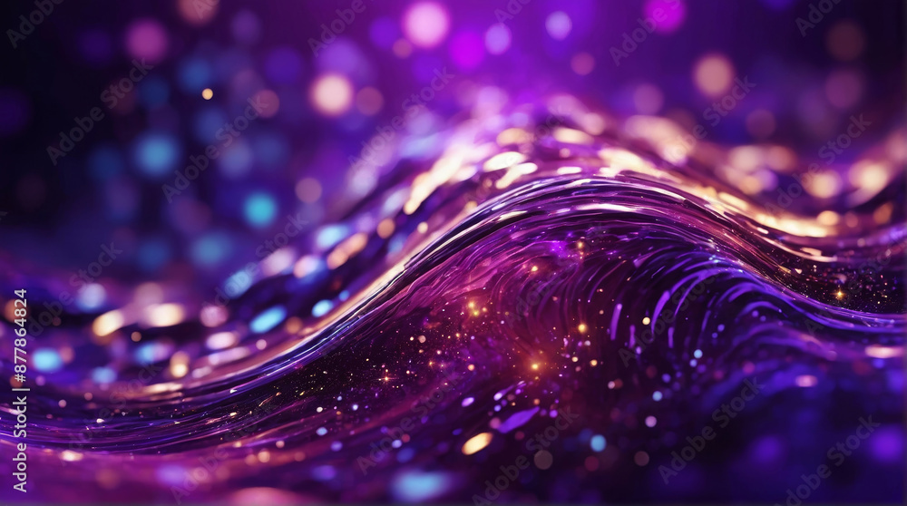 Wall mural 3d rendering of purple wavy surface with golden glitter creating luxurious and sparkling effect
