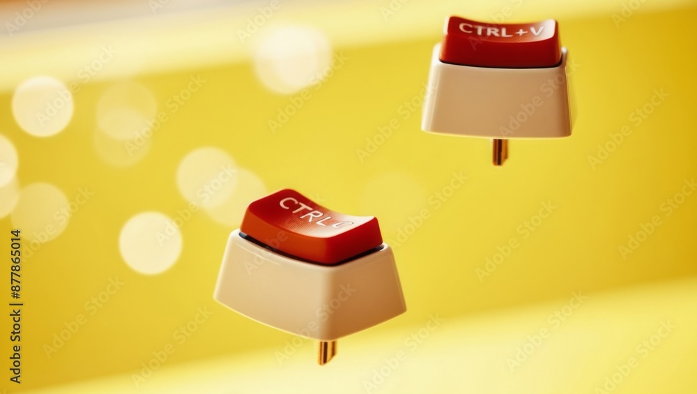Leinwandbilder keyboard keys Ctrl C and Ctrl V, copy and paste the key shortcuts on yellow background