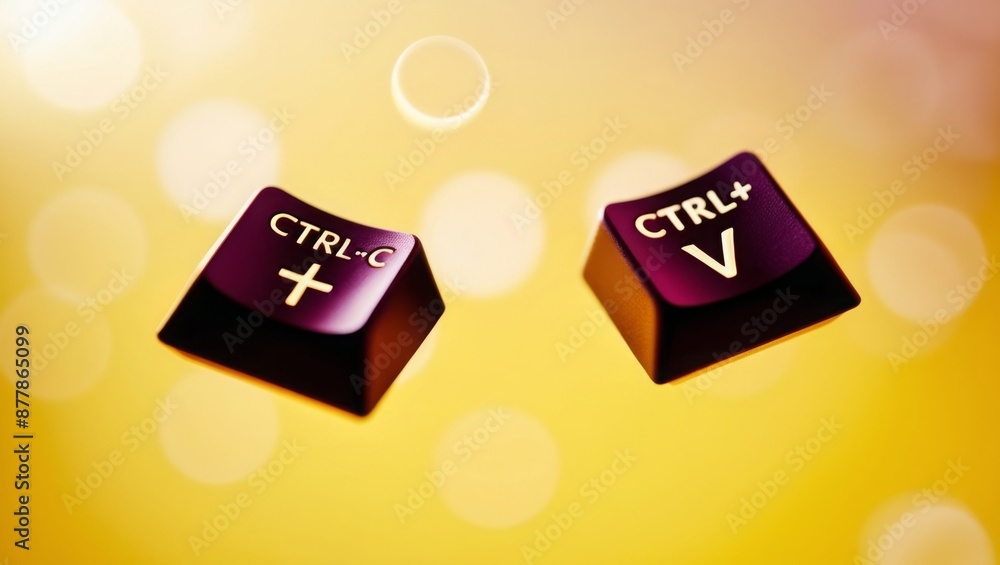 Poster keyboard keys Ctrl C and Ctrl V, copy and paste the key shortcuts on yellow background
