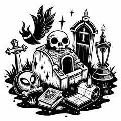 Spooky Halloween Graveyard Scene with Skull, Tombstone, and Candles in Black and White