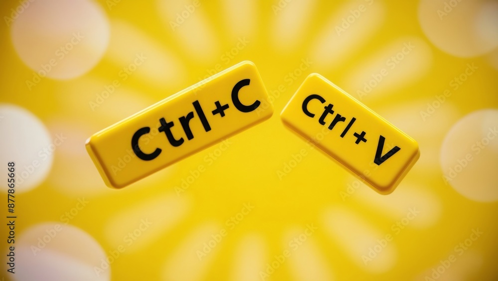 Fototapete keyboard keys ctrl c and ctrl v, copy and paste the key shortcuts on yellow background