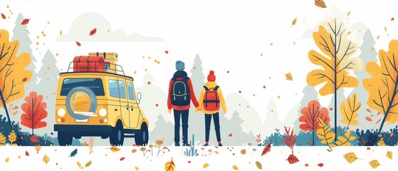 Couple with backpacks standing by a car in an autumn forest.