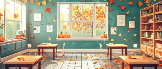 Fall classroom with autumn leaves, desks, and a bookshelf.