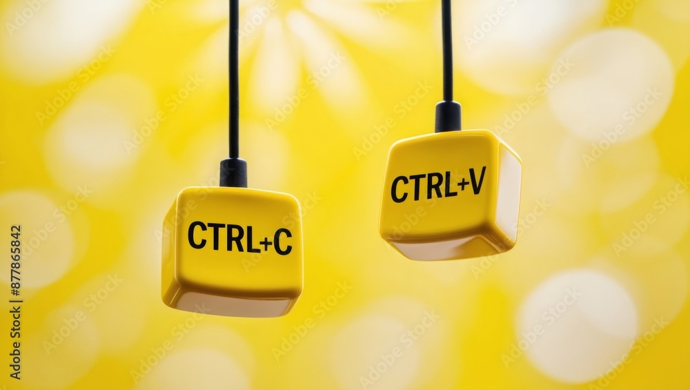 Poster keyboard keys Ctrl C and Ctrl V, copy and paste the key shortcuts on yellow background