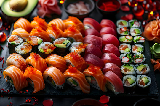 Overhead japanese sushi food. Maki ands rolls with tuna, salmon, shrimp, crab and avocado. Top view of assorted sushi, all you can eat menu. Rainbow sushi roll, uramaki, hosomaki and nigiri