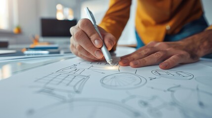 Close-up of a designer's hand sketching a technical drawing. Creative workspace with detailed plans and innovative ideas.