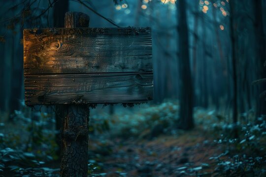 Moonlit forest clearing with a wooden billboard for a Halloween storytelling event, Halloween theme wooden billboard, spooky tales