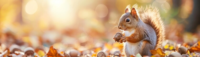 Fototapeta premium Squirrel nibbling on a nut amidst colorful autumn leaves, basking in warm sunlight. 