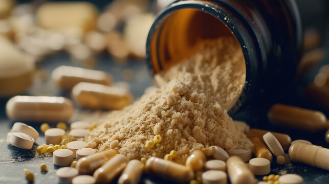 Close-Up of CLA (Conjugated Linoleic Acid) Powder in Fitness Gym, Athletic Performance Supplement