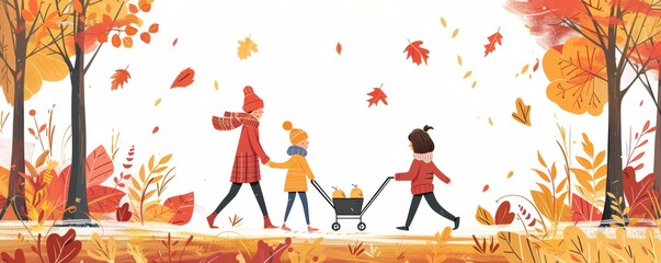 Family walking through autumn leaves.