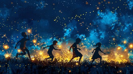 Children chase fireflies on a warm summer night, their laughter echoing and creating magical memories.