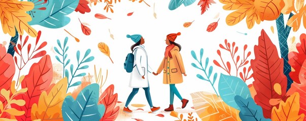 Two friends walking through autumn leaves.