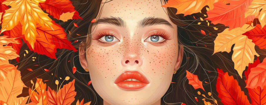 Woman with long dark hair surrounded by autumn leaves.