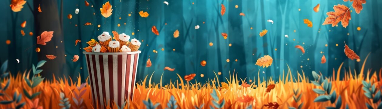 A bucket of popcorn sits in a field of fall leaves with a blue forest background.