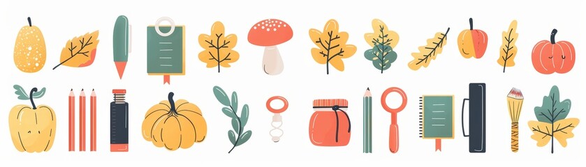 Collection of hand-drawn autumn elements, perfect for fall themed designs.