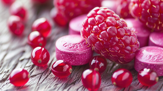 High-Quality Close-Up Raspberry Ketones Capsules Weight Loss Health Supplement Concept