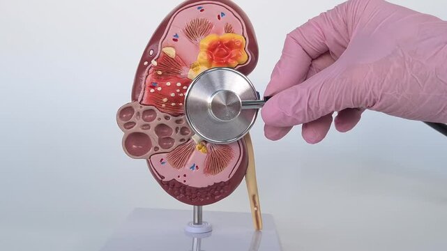 Doctor uses stethoscope and listen to kidney