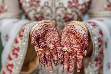  bride wearing wedding and showing mehndi design