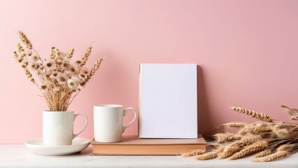 A Minimalist Coffee Break Ambiance on Pink Countertop with Tea, Books, and Wheatgrass