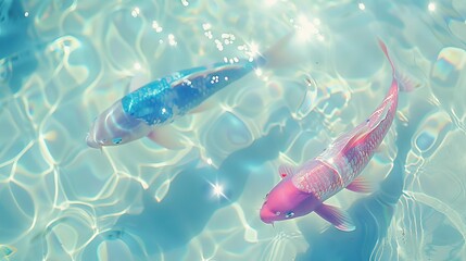 Fototapeta premium Two Koi Karp Swimming in the Glistening Shallow Water