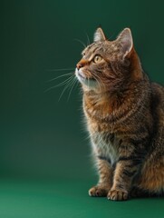 Obraz premium A curious cat sits on a green surface gazing upwards