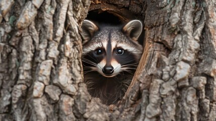 A curious raccoon peeking out from a tree hollow