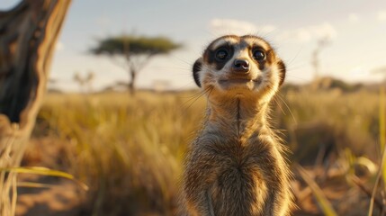 A curious meerkat standing upright in a savanna