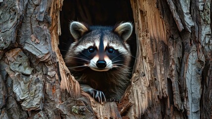 Fototapeta premium A curious raccoon peeking out from a tree hollow
