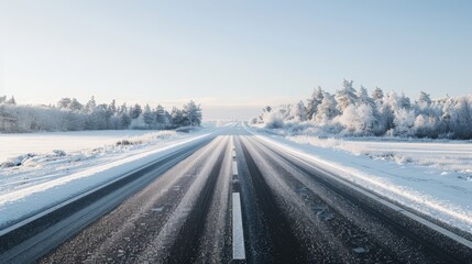 Highway with a solid white line down the center, leading into the horizon through a snowy landscape under a clear winter sky.