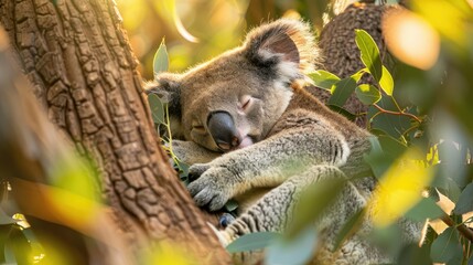 Obraz premium A koala bear sleeping in a eucalyptus tree
