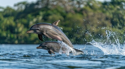 Fototapeta premium A pair of dolphins jumping out of the water together