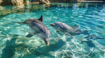 Fototapeta premium A pair of dolphins swimming in crystal-clear water