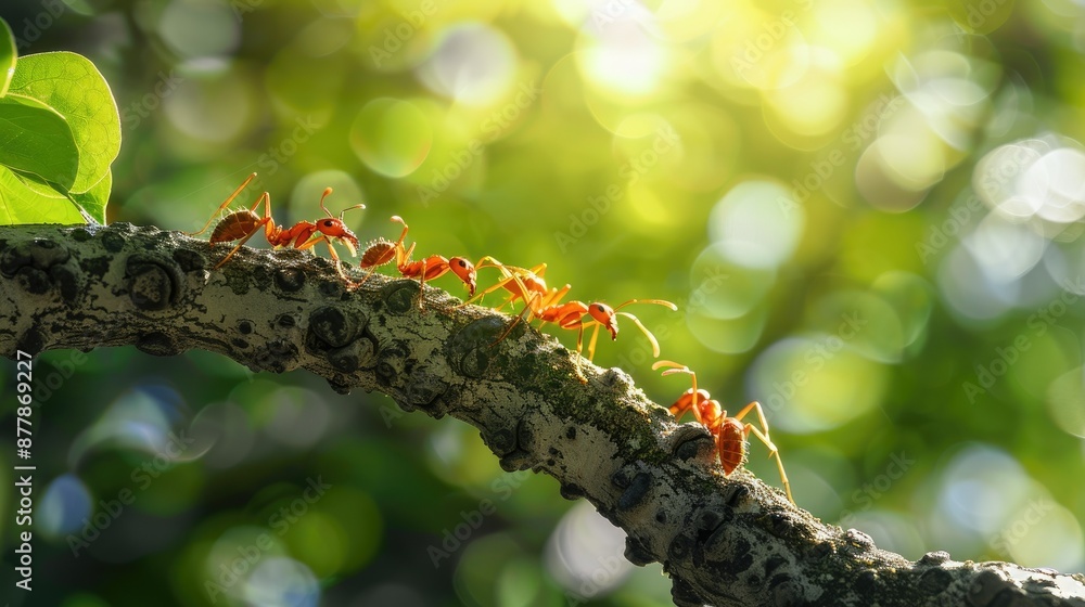 Poster ants on a tree branch with space for text in the background
