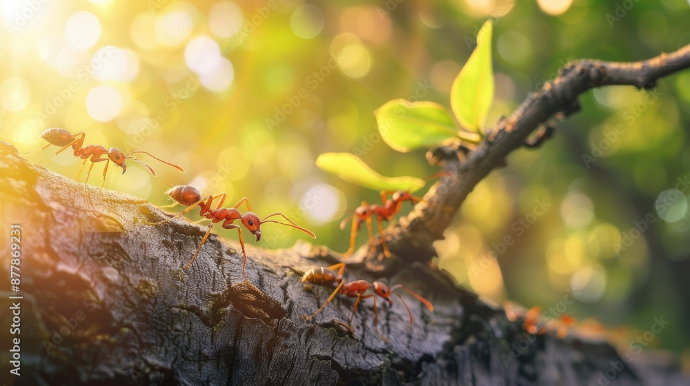 Poster ants on a tree branch with space for text in the background