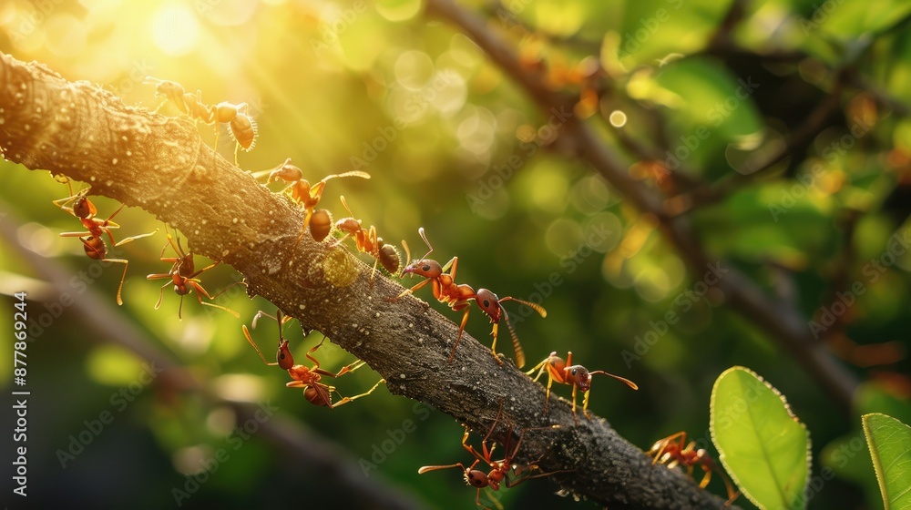 Poster ants on a tree branch with space for text in the background