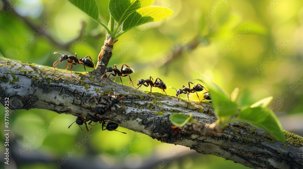 Poster ants on a tree branch with space for text in the background