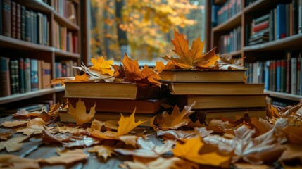 Leaves scattered on a library table among stacks of books