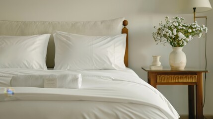 Cozy, minimalist bedroom with a comfortable bed, soft pillows, and a wooden nightstand adorned with flowers and a lamp.
