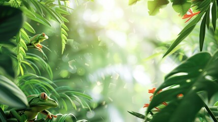 Frogs in a rainforest with space for text in the foliage