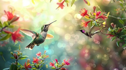 Hummingbirds hovering near flowers with space for text in the background