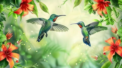 Hummingbirds hovering near flowers with space for text in the background