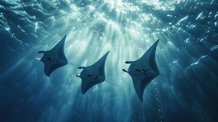 Manta rays swimming in the ocean with space for text in the water