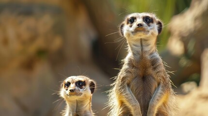 Fototapeta premium Meerkats standing on guard with space for text in the background