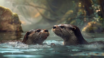 Naklejka premium Otters playing in a river with space for text in the water