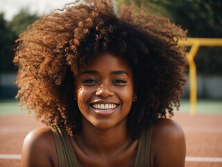 Happy young woman with Afro hairstyle bending on sport ground